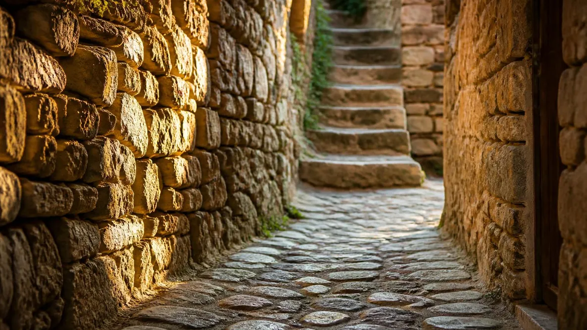 Une ruelle pavée entre deux maisons de pierre, avec un escalier au fond