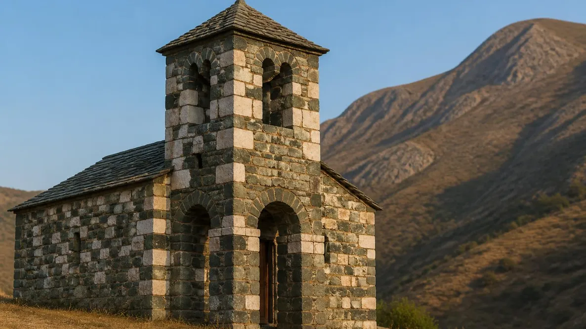 Façade en damier de pierres vertes et blanches d'une église romane isolée dans un pré, clocher-porche engagé dans la façade